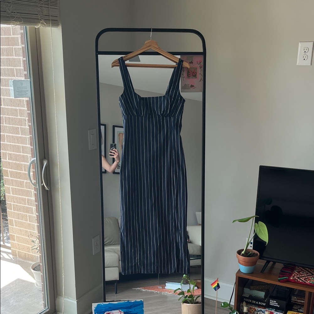Anthropologie Square Neck Pinstripe Navy and White Maxi Dress